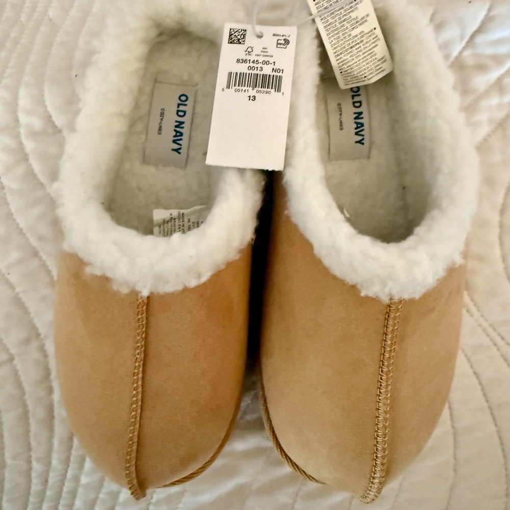Old Navy Tan Faux-Suede Slip-On Slippers with White Sherpa Trim